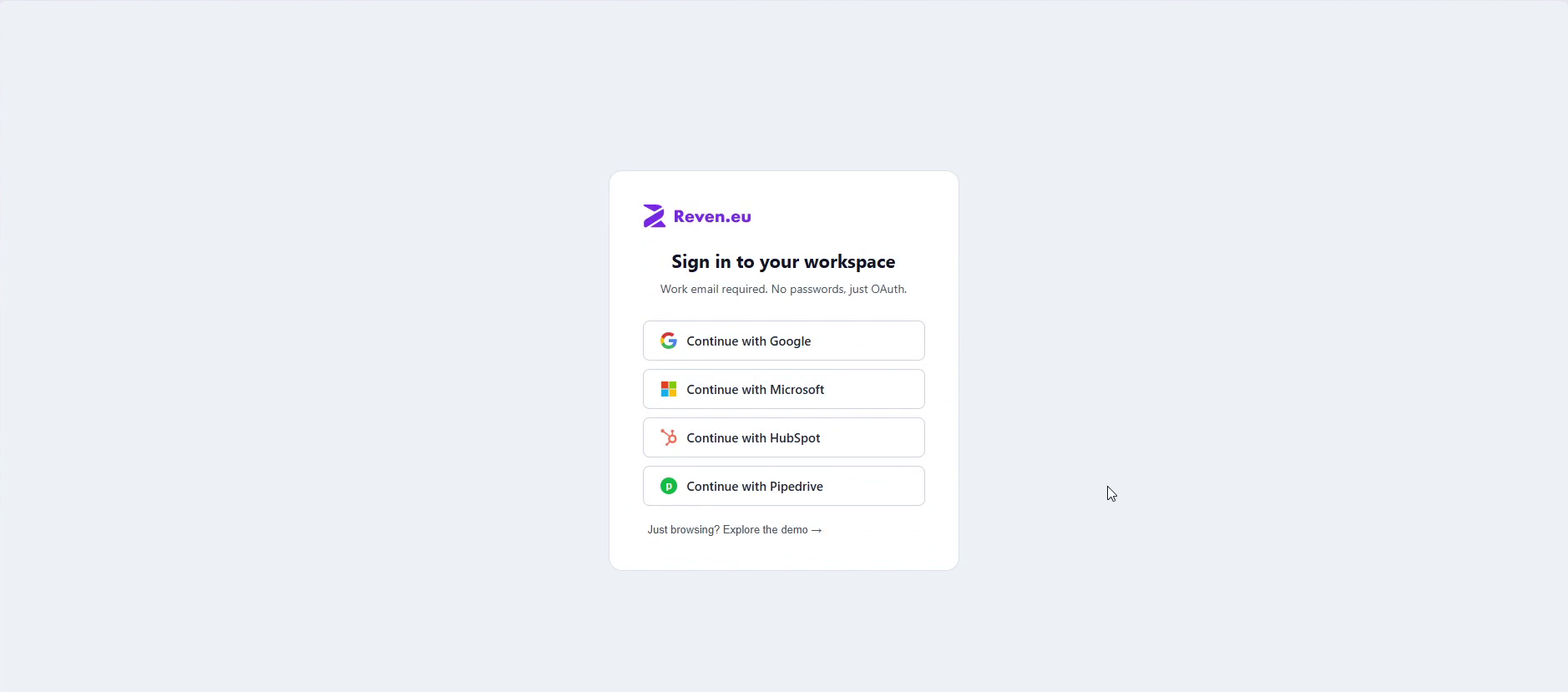 Reven.eu sign-in screen with Continue with HubSpot option