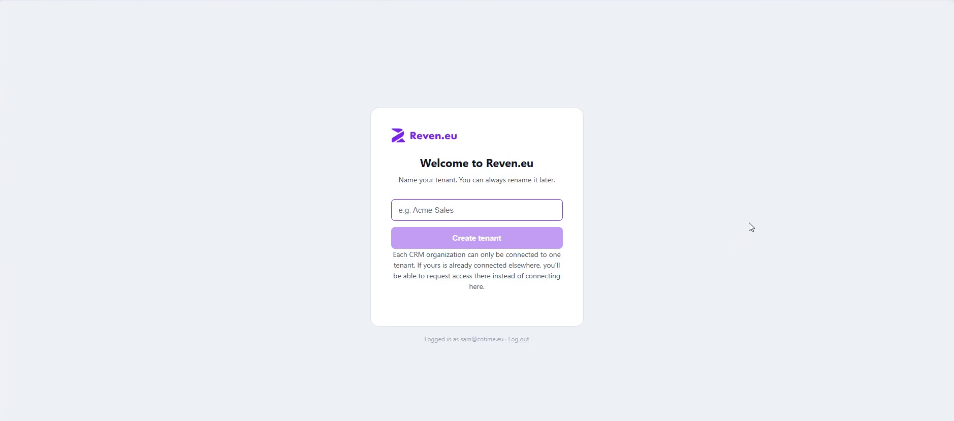 Name your tenant screen with a text field and Create tenant button