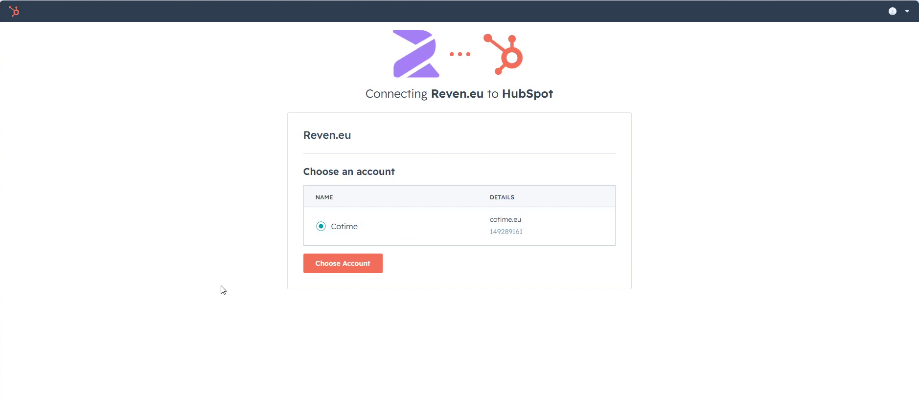 HubSpot account picker for the second OAuth round