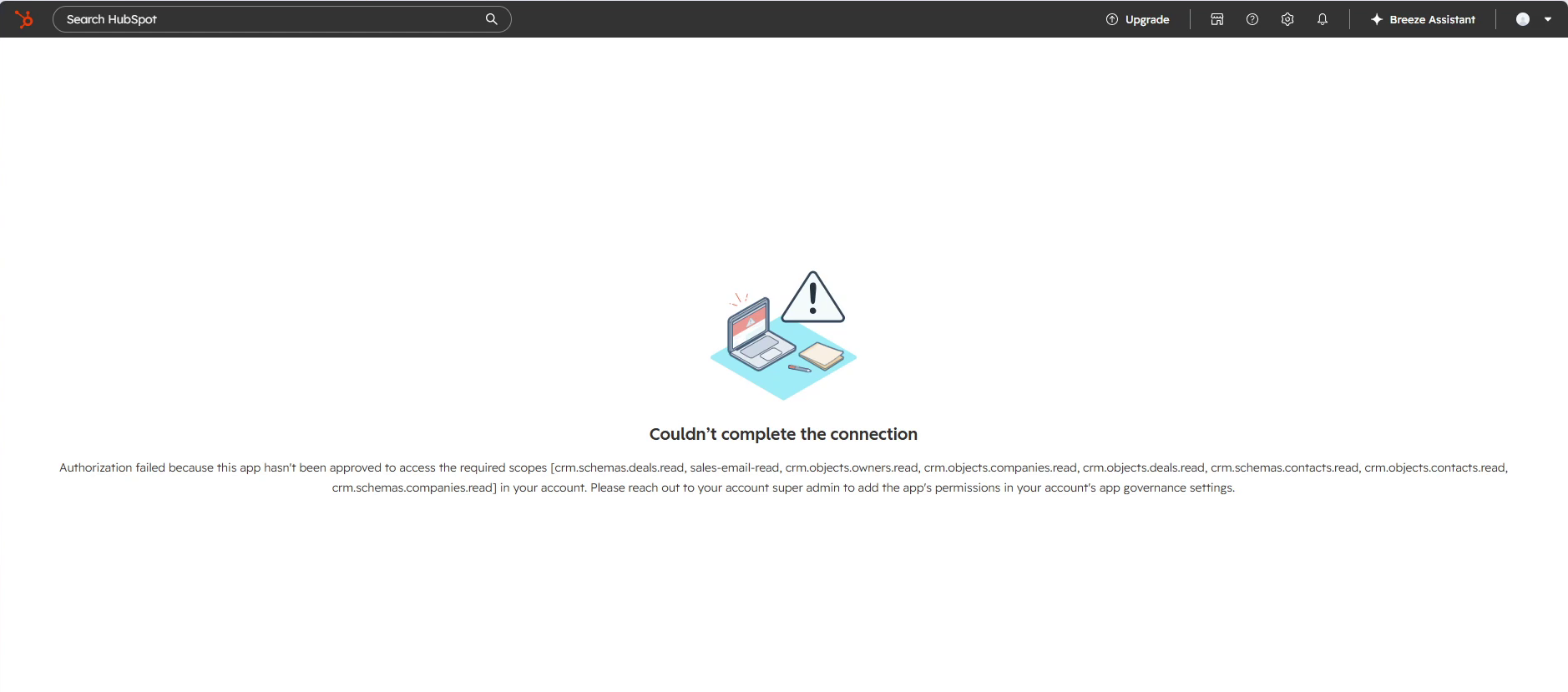 HubSpot Couldn't complete the connection error listing the missing scopes