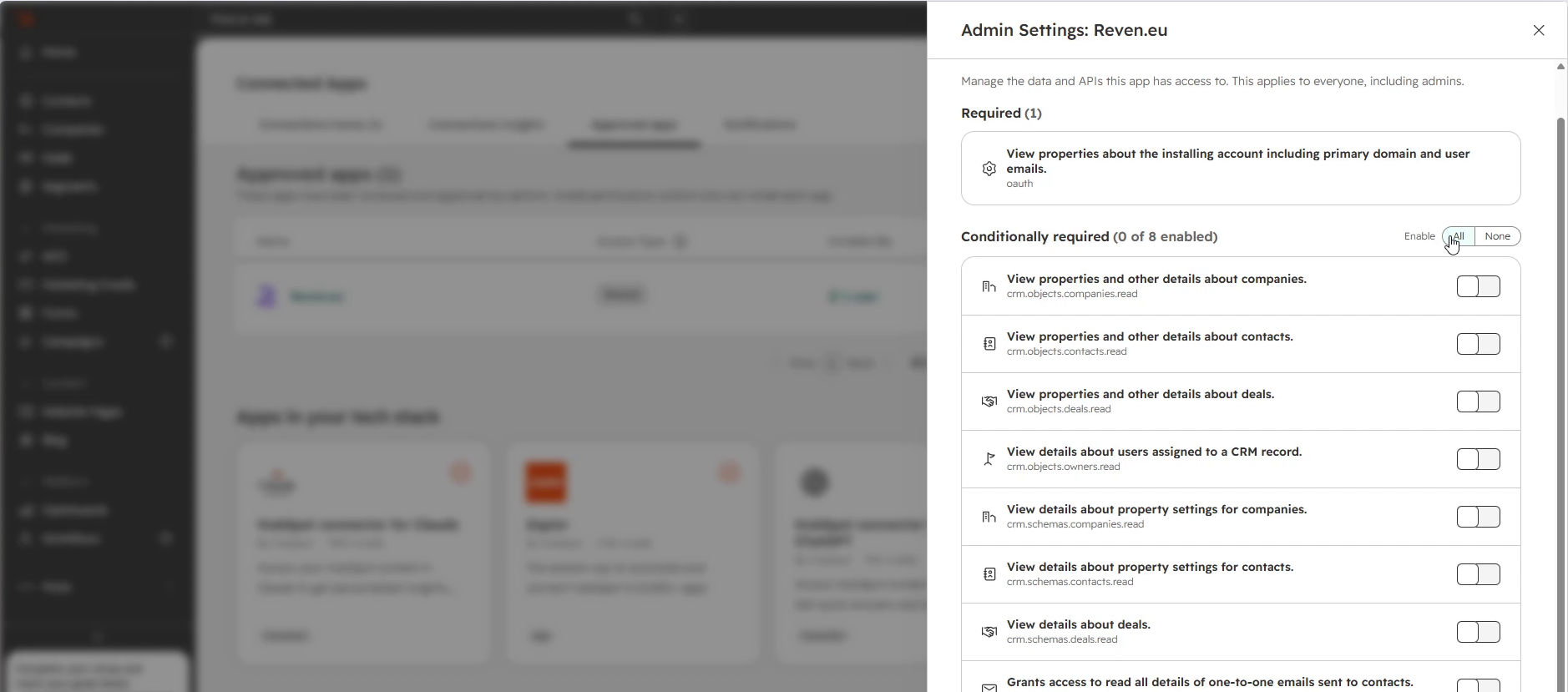 Enable All button being used to turn on every conditionally required scope